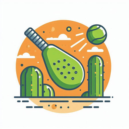 Vector illustration of tennis racket with ball and cactus in flat style.のイラスト素材