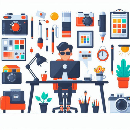 Photographer or photographer workplace. Vector illustration in flat style. Cartoon style.のイラスト素材