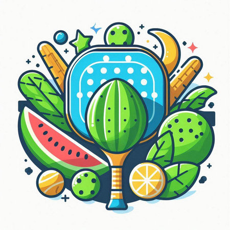 Vector line art illustration with cactus, fruits and vegetables. Isolated objects on white background.のイラスト素材