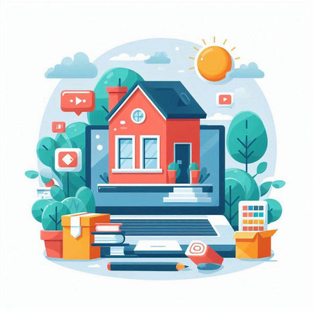 Flat design modern vector illustration concept of online education, home schooling, distance learning.のイラスト素材