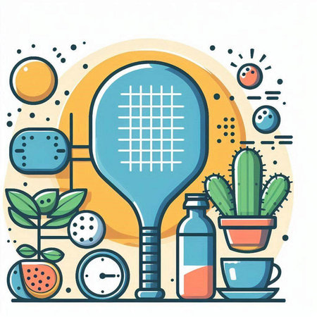 Vector illustration of tennis racket, water bottle, ball and cactus in flat line style.のイラスト素材