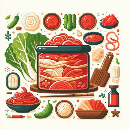 Korean food. Sliced kimchi in a jar. Korean traditional food. Vector illustration.のイラスト素材