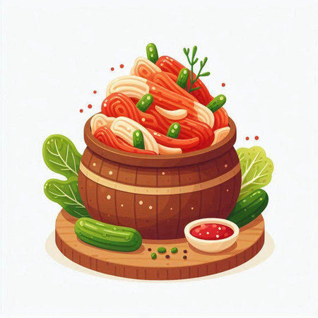 Vegetable salad in wooden bowl. Vector illustration in cartoon styleのイラスト素材