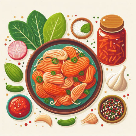 Vector illustration of pasta with tomato sauce in a plate and ingredients for cooking.のイラスト素材