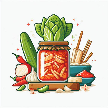 Illustration of pickled vegetables in a jar. Vector illustration.のイラスト素材