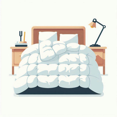 Illustration of a bed with pillows and a lamp on a white backgroundのイラスト素材