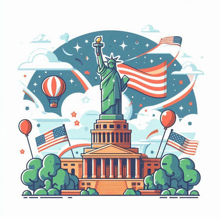 Statue of Liberty with USA flag and balloons. Vector illustration.のイラスト素材