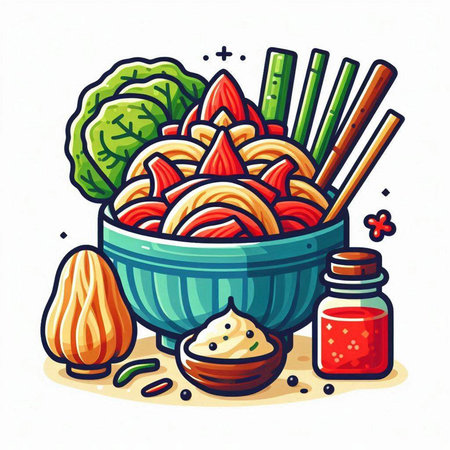 Noodles in bowl with chopsticks, vegetables and sauce. Vector illustration.のイラスト素材