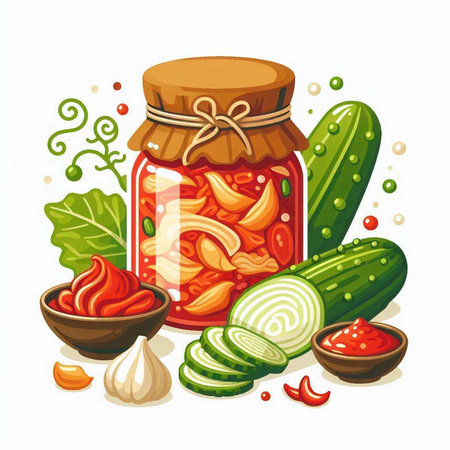 Vector illustration of a jar of pickled cucumbers with ingredients.のイラスト素材