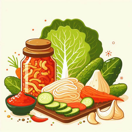 Illustration of a jar of pickled cucumbers, tomatoes, garlic, herbs and spicesのイラスト素材