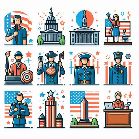 United states of America icons set with president, politician, police officer, president, secretary, president, president, president, president, politician. Vector illustration.のイラスト素材