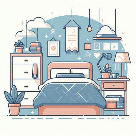 Bedroom interior. Bedroom furniture. Vector illustration in flat styleのイラスト素材