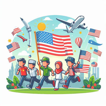 Vector illustration of happy boys and girls with flags of United states of Americaのイラスト素材