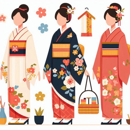 Japanese women in traditional kimono. Vector illustration in flat styleのイラスト素材
