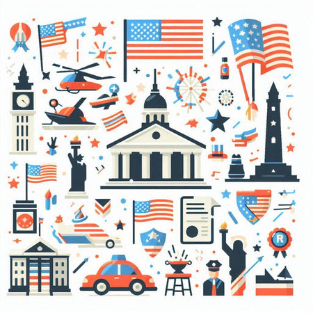 Set of USA icons in flat design style. American symbols and objects. Vector illustrationのイラスト素材