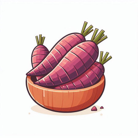Purple sweet potato in wooden bowl isolated on white background. Vector illustration.のイラスト素材