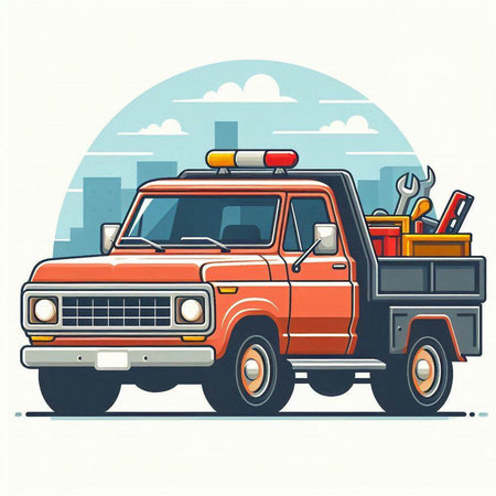 Vector illustration of a fire truck with tools. Flat design style.のイラスト素材