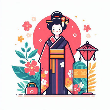 Japanese geisha in kimono. Vector illustration in a flat styleのイラスト素材
