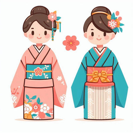 Japanese girls in traditional kimono with flowers. Vector illustration.のイラスト素材