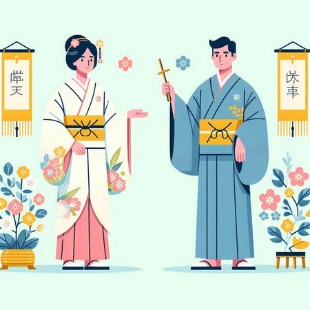 Japanese couple in traditional clothes. Vector illustration in flat cartoon style.のイラスト素材