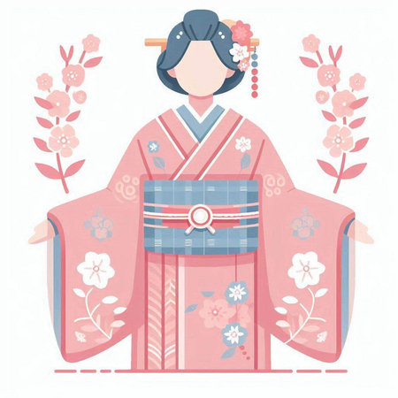 Japanese woman in traditional kimono with sakura flowers. Vector illustration.のイラスト素材