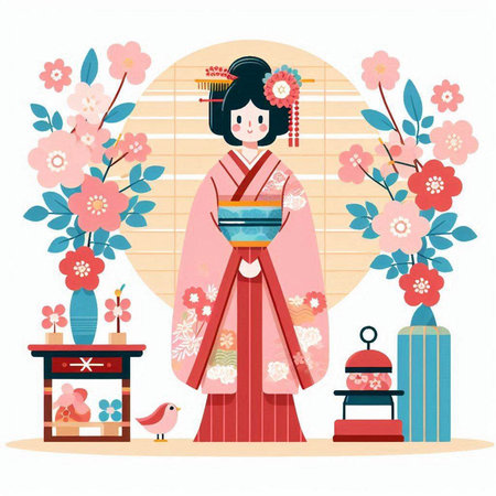 Japanese girl in kimono with sakura. Vector illustration.のイラスト素材