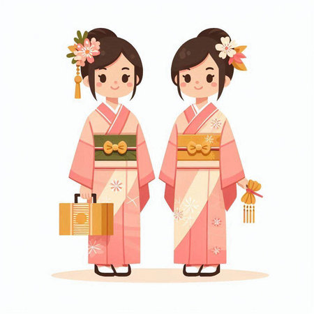 Cute Japanese girls in traditional kimono. Vector illustration.のイラスト素材