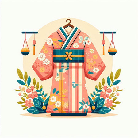 Japanese traditional kimono with floral wreath. Vector illustration.のイラスト素材