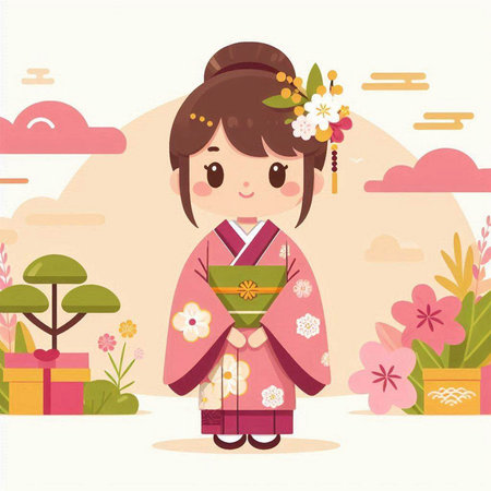 Japanese girl in traditional kimono with flowers. Vector illustration.のイラスト素材