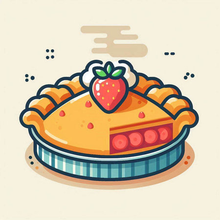Vector illustration of a pie with strawberries and whipped cream. Flat style.のイラスト素材