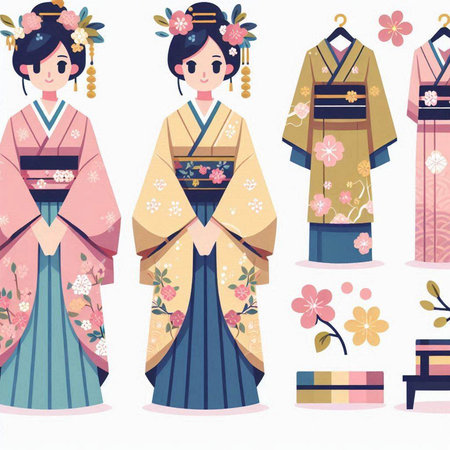 Japanese girl in traditional kimono. Set of vector illustrations.のイラスト素材