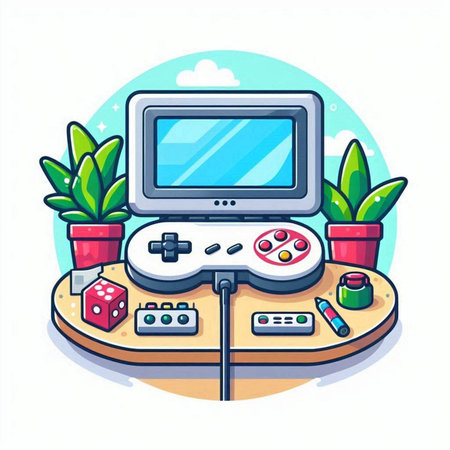 Gamepad and joystick on a wooden table. Cartoon vector illustration.のイラスト素材