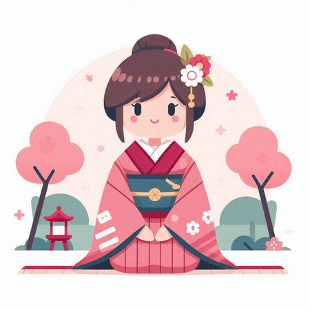 Cute Japanese girl in traditional kimono. Vector illustration.のイラスト素材