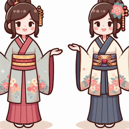 Japanese girl in kimono with a bow. Vector illustration.のイラスト素材