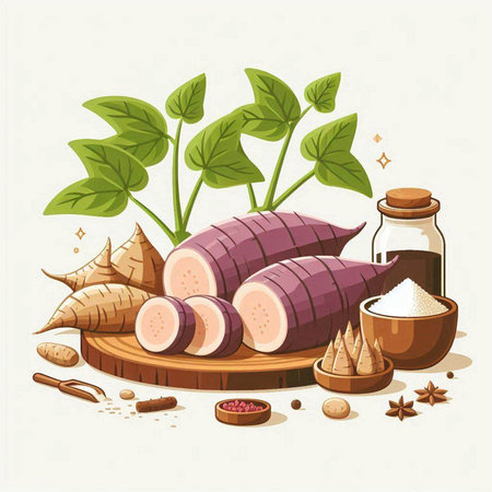 Illustration of sweet potato on a cutting board with spices and herbsのイラスト素材