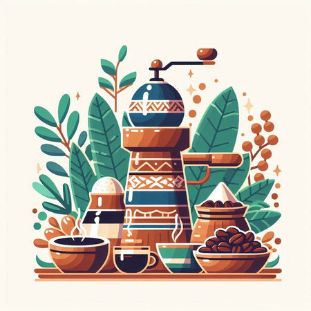 Coffee set. Flat style vector illustration. Coffee beans, turkish coffee grinder, coffee mill, cezve, beans.のイラスト素材