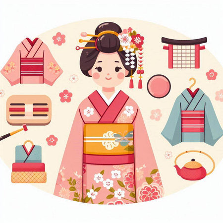 Japanese girl in kimono and set of traditional elements. Vector illustration.のイラスト素材