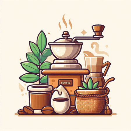 Coffee grinder, coffee pot, cup, bag, beans, basket, plant. Vector illustrationのイラスト素材