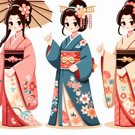Japanese girls in traditional kimono. Set of cartoon characters.のイラスト素材