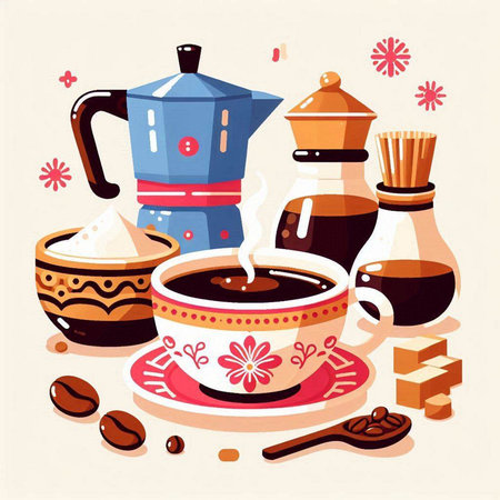 Coffee set. Vector illustration in flat cartoon style. Hand drawn elements.のイラスト素材