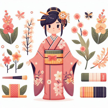 Japanese girl in kimono with flowers and leaves. Vector illustration.のイラスト素材