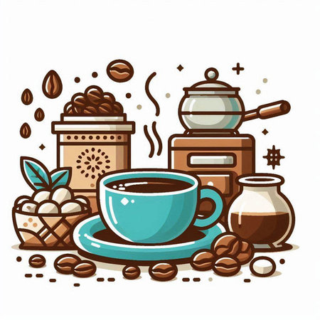 Coffee cup, beans, grinder and pot. Vector illustration.のイラスト素材