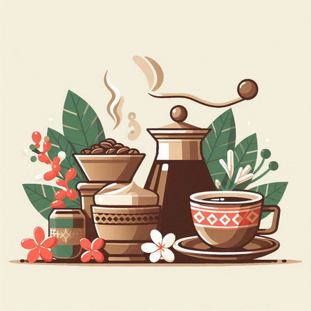Coffee time. Vector illustration of a cup of coffee, beans, teapot, flower.のイラスト素材
