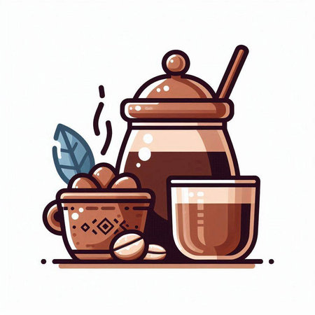 Coffee in a glass cup and a pot with a spoon. Vector illustration.のイラスト素材