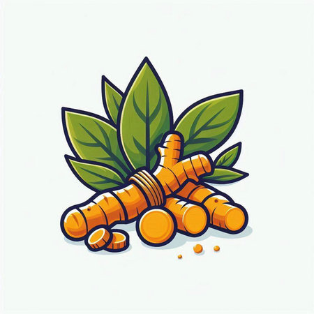 Turmeric root and green leaves vector illustration isolated on white background.のイラスト素材