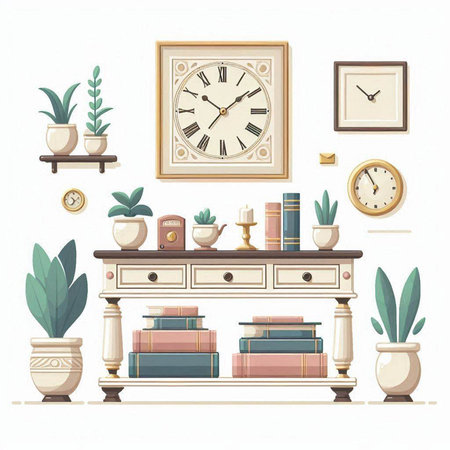 Bookshelf with books, clock, vase and plants. Vector illustrationのイラスト素材
