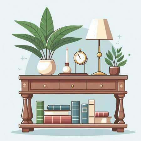 Bookshelf with books, lamps and plants. Vector illustration.のイラスト素材