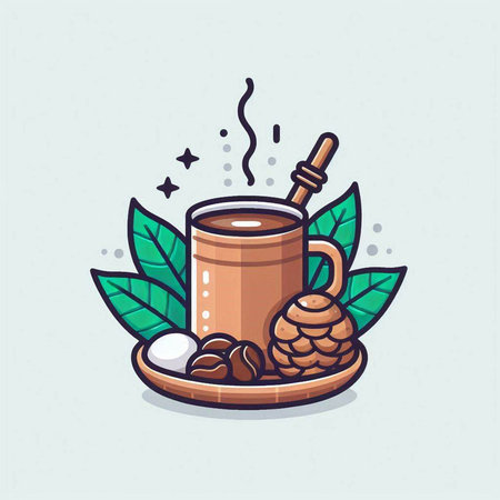 Cup of hot coffee with cinnamon stick, pine cone, green leaves and honey. Vector illustration.のイラスト素材