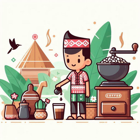 Coffee grinder with man in traditional costume. Vector illustrationのイラスト素材