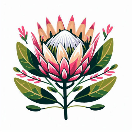 Cute protea flower with leaves. Hand drawn vector illustration.のイラスト素材